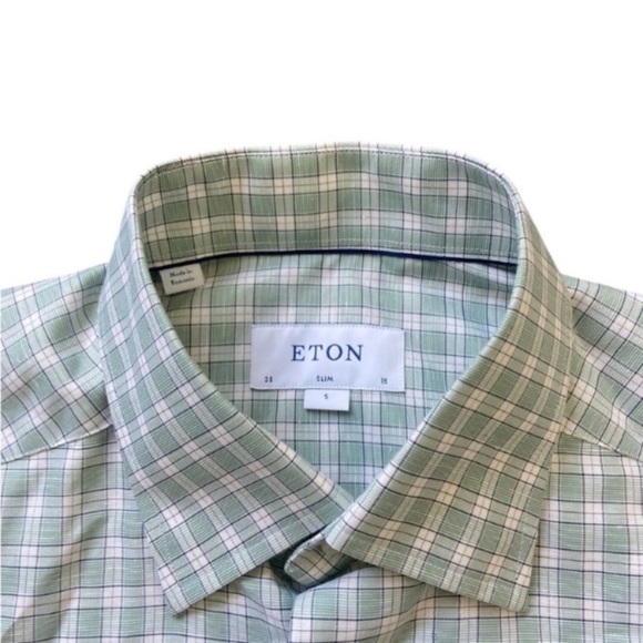 Eton Mens Button Up Gingham Shirt Green White Small - Picture 2 of 6